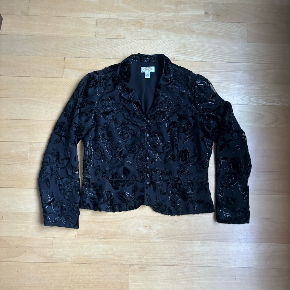 Talbot's black shimmer long-sleeve V-neck peplum blouse velvet cut-out top Sz 12